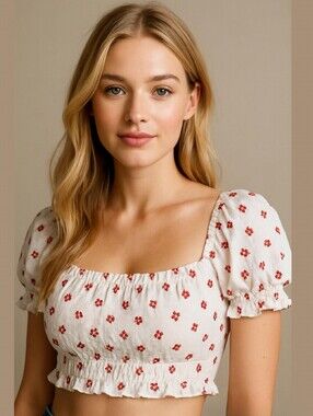 John Galt Brandy Melville White Red Mira Embroidered Milkmaid Crop Top XS/S EUC